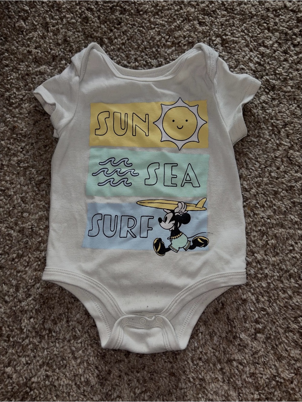 Disney White Bodysuit with Yellow, Mint and Light Blue Surf Graphics